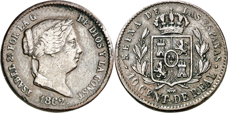 1862. Isabel II. Segovia. 10 céntimos de real. (AC. 178). 3,85 g. MBC-.