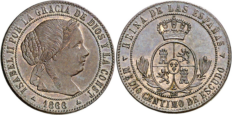 1866. Isabel II. Segovia. OM. 1/2 céntimo de escudo. (AC. 208). 1,31 g. EBC.