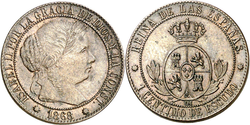 1868. Isabel II. Barcelona. OM. 1 céntimo de escudo. (AC. 216). 2,56 g. MBC/MBC+...