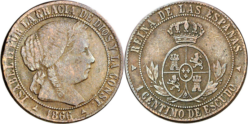 1866. Isabel II. Segovia. 1 céntimo de escudo. (AC. 223). Sin OM. Escasa. 2,39 g...