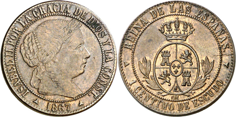 1867. Isabel II. Segovia. OM. 1 céntimo de escudo. (AC. 226). 2,57 g. MBC+/EBC-....