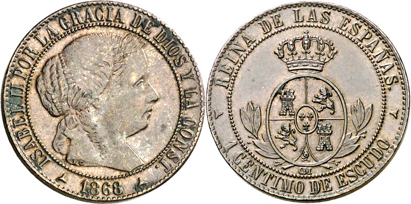 1868. Isabel II. Segovia. OM. 1 céntimo de escudo. (AC. 227). 2,55 g. MBC+/EBC-....