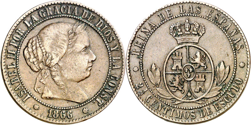 1866. Isabel II. Barcelona. 2 1/2 céntimos de escudo. (AC. 230). Sin OM. Escasa....