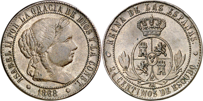 1868. Isabel II. Barcelona. OM. 2 1/2 céntimos de escudo. (AC. 233). 6,09 g. MBC...