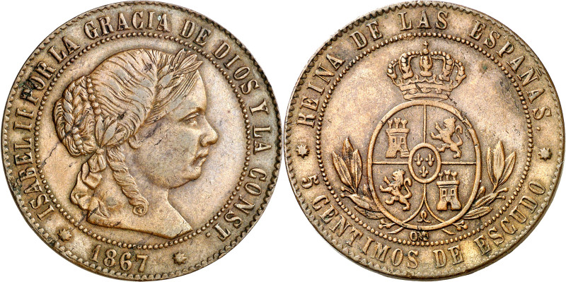 1867. Isabel II. Barcelona. OM. 5 céntimos de escudo. Falsa de época. 12,72 g. M...