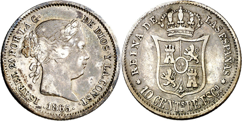 1865. Isabel II. Madrid. 10 céntimos de escudo. (AC. 338). 1,28 g. MBC-.