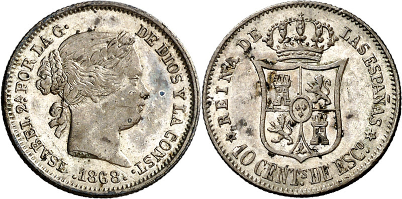 1868*68. Isabel II. Madrid. 10 céntimos de escudo. (AC. 341). 1,26 g. MBC+.