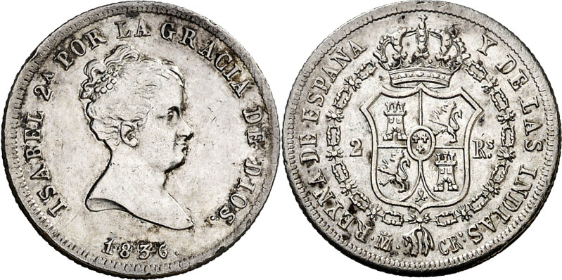 1836. Isabel II. Madrid. CR. 2 reales. (AC. 354). Golpecitos. Escasa. 2,91 g. MB...