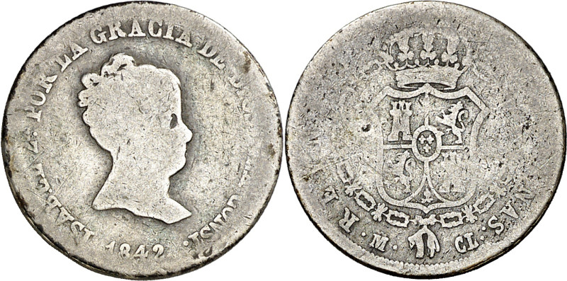 1842. Isabel II. Madrid. CL. 2 reales. (AC. 359). Rara. 2,84 g. RC.