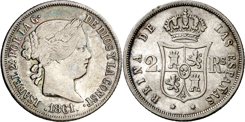 1861. Isabel II. Madrid. 2 reales. (AC. 376). Golpecitos. 2,58 g. MBC-/MBC.