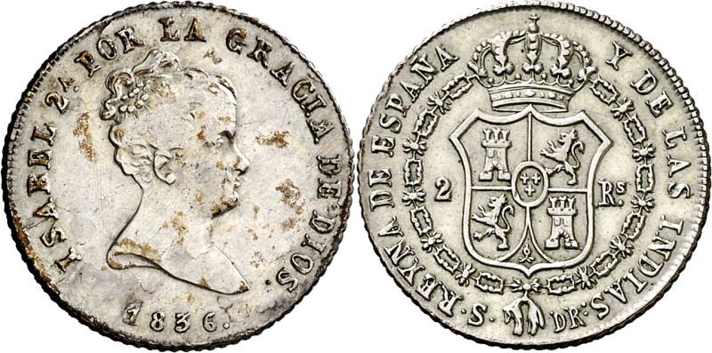 1836. Isabel II. Sevilla. DR. 2 reales. (AC. 380). Escasa. 2,91 g. MBC-/MBC+.