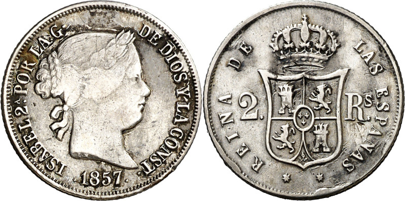 1857. Isabel II. Sevilla. 2 reales. (AC. 395). Escasa. 2,46 g. BC+/MBC-.