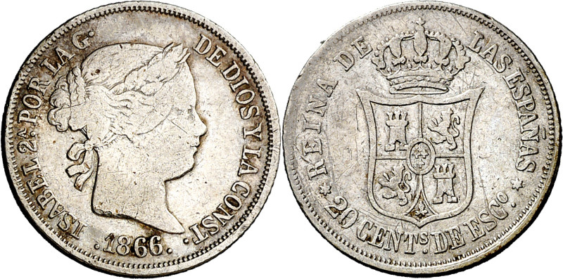 1866. Isabel II. Madrid. 20 céntimos de escudo. (AC. 404). Muy rara, sólo hemos ...