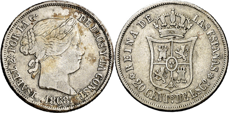 1868*68. Isabel II. Madrid. 20 céntimos de escudo. (AC. 407). 2,55 g. MBC-.