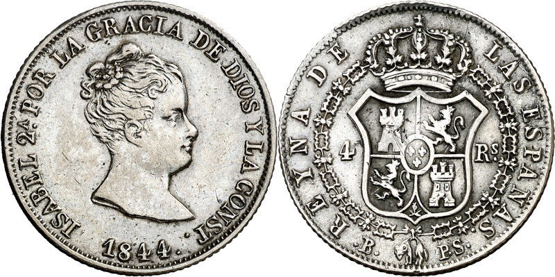 1844. Isabel II. Barcelona. PS. 4 reales. (AC. 418). Rayitas. Rara. 5,89 g. MBC.