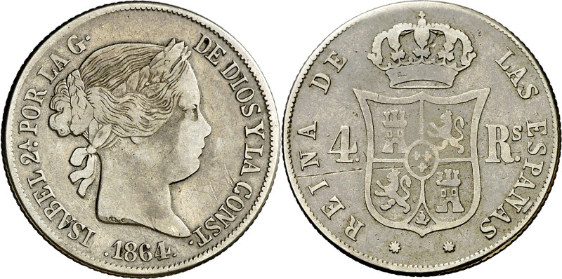 1864. Isabel II. Barcelona. 4 reales. (AC. 439). Ex Áureo 16/12/1998, nº 1632. R...