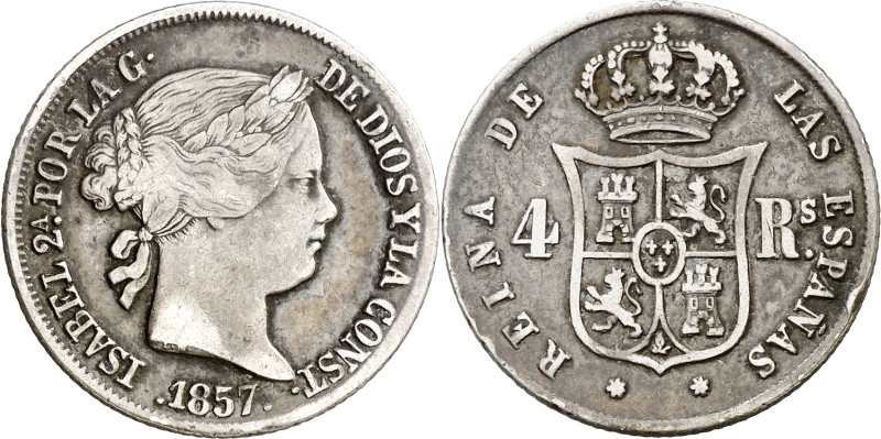 1857. Isabel II. Sevilla. 4 reales. (AC. 490). Escasa. 5,17 g. BC+.