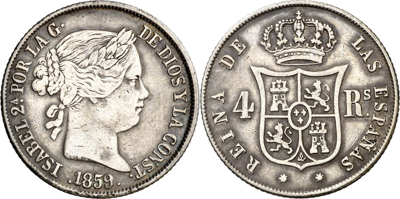 1859. Isabel II. Sevilla. 4 reales. (AC. 492). Escasa. 5,10 g. MBC-/MBC.