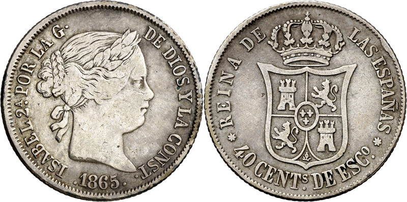 1865. Isabel II. Sevilla. 40 céntimos de escudo. (AC. 504). Escasa. 5,10 g. BC+/...