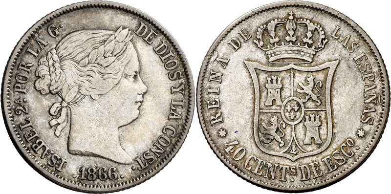 1866. Isabel II. Sevilla. 40 céntimos de escudo. (AC. 505). Escasa. 5,15 g. BC+/...