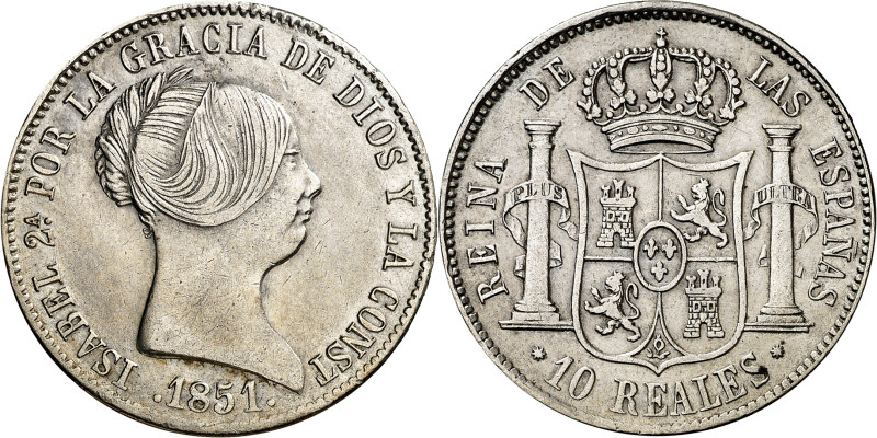 1851. Isabel II. Barcelona. 10 reales. (AC. 506). Golpecitos. Muy rara. 13 g. MB...