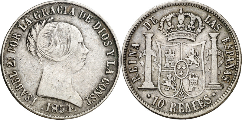 1854. Isabel II. Barcelona. 10 reales. (AC. 509). Escasa. 12,90 g. MBC-/MBC.