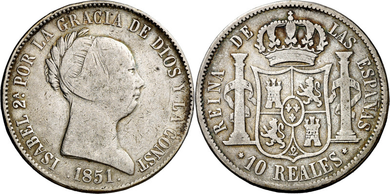 1851. Isabel II. Madrid. 10 reales. (AC. 525). Escasa. 12,81 g. BC/BC+.