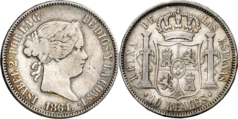 1864. Isabel II. Madrid. 10 reales. (AC. 541). 12,76 g. MBC-.