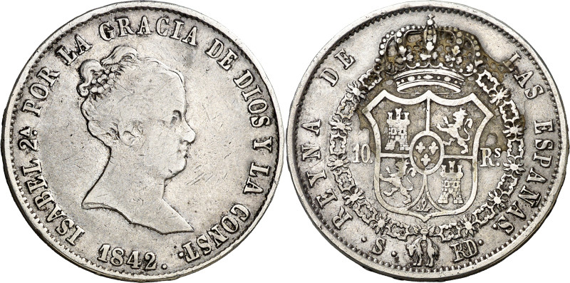 1842. Isabel II. Sevilla. RD. 10 reales. (AC. 543). Rara. 13,21 g. BC+/MBC-.