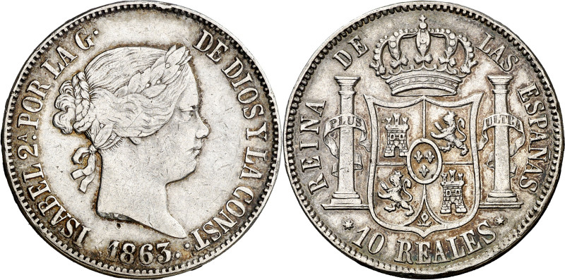 1863. Isabel II. Sevilla. 10 reales. (AC. 561). Escasa. 12,93 g. BC+/MBC-.