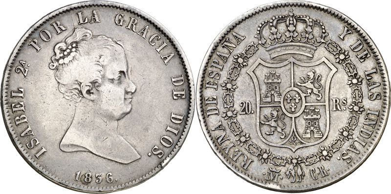 1836. Isabel II. Madrid. CR. 20 reales. (AC. 580). Rara. 26,82 g. BC+/MBC-.