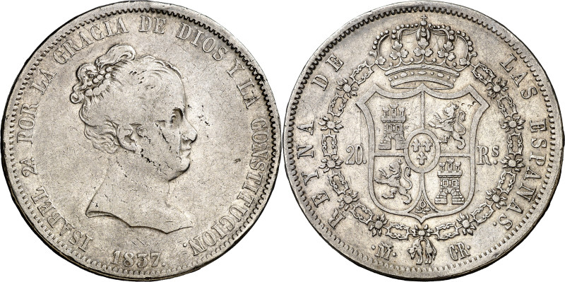 1837. Isabel II. Madrid. CR. 20 reales. (AC. 581). Golpecitos. Rara. 26,85 g. BC...