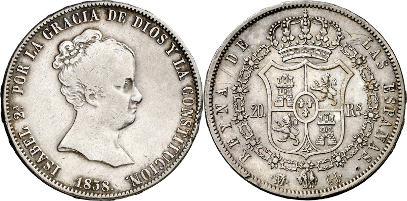 1838. Isabel II. Madrid. CL. 20 reales. (AC. 582). Golpecitos. Rara. 27,06 g. MB...