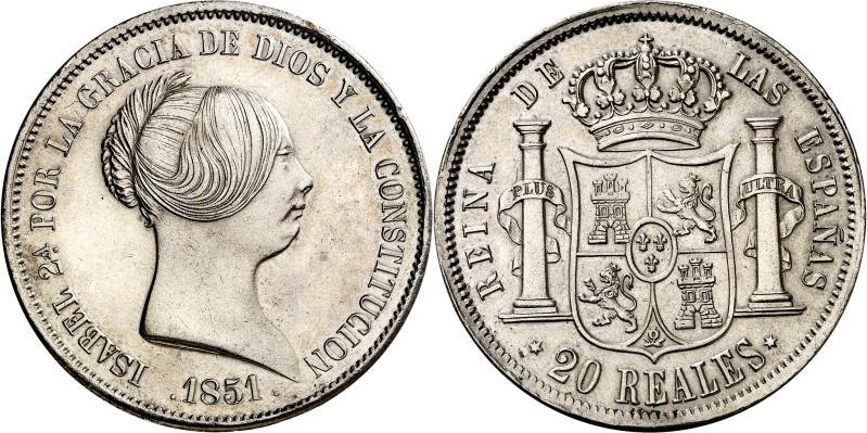 1851. Isabel II. Madrid. 20 reales. (AC. 593). Limpiada. 26,17 g. EBC-/EBC.