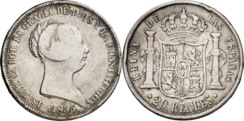 1855. Isabel II. Sevilla. 20 reales. (AC. 632). Escasa. 25,65 g. BC/BC+.