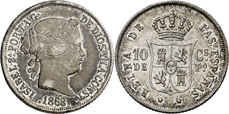 1868. Isabel II. Manila. 10 centavos. (AC. 656). Parte de brillo original. 2,55 ...