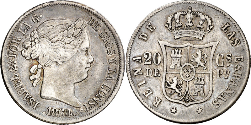 1864. Isabel II. Manila. 20 centavos. (AC. 657). Escasa. 5,11 g. MBC-.