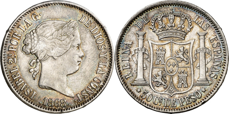 1868. Isabel II. Manila. 50 centavos. (AC. 667). Preciosa pátina. 12,95 g. MBC/M...