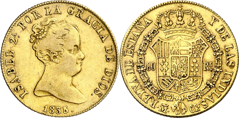 1835. Isabel II. Madrid. CR. 80 reales. (AC. 720). Escasa. 6,74 g. MBC-/MBC.