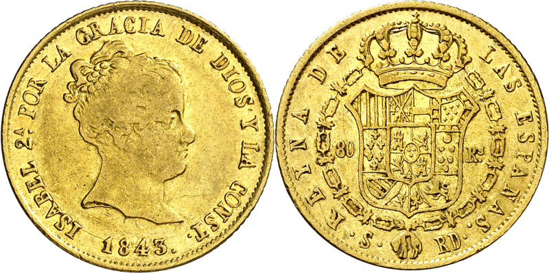 1843. Isabel II. Sevilla. RD. 80 reales. (AC. 748). 6,64 g. MBC/MBC+.