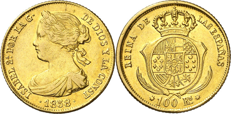 1858. Isabel II. Sevilla. 100 reales. (AC. 799). 8,37 g. MBC/MBC+.