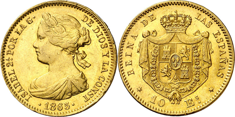 1865. Isabel II. Madrid. 10 escudos. (AC. 810). Golpecitos. 8,44 g. EBC-/EBC.