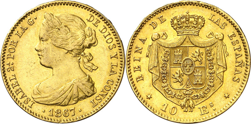 1867. Isabel II. Madrid. 10 escudos. (AC. 813). Rayitas. 8,39 g. EBC/EBC+.