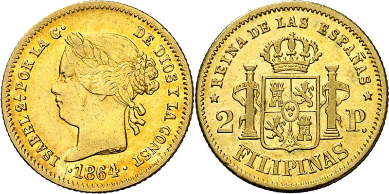 1864. Isabel II. Manila. 2 pesos. (AC. 844). Leves marquitas. Ex Áureo 05/04/199...