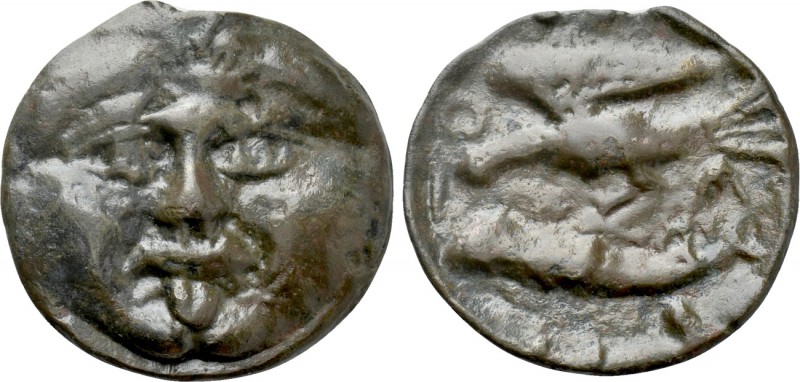 SKYTHIA. Olbia. Cast Ae (Circa 400-380 BC). 

Obv: Facing gorgoneion.
Rev: OΛ...