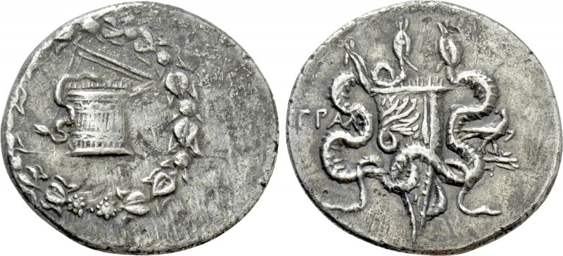 LYDIA. Tralleis. Cistophor (Circa 166-67 BC). 

Obv: Cista mystica with serpen...