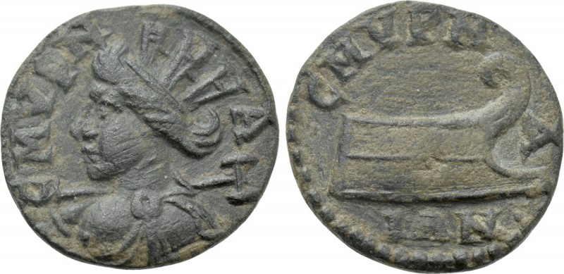 IONIA. Smyrna. Pseudo-autonomous (2nd century). Ae. 

Obv: СΜVΡΝΑ. 
Turreted ...
