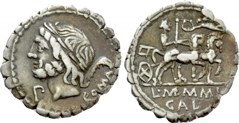 L MEMMIUS GALERIA. Serrate Denarius (106 BC). Rome.

Obv: ROMA.
Laureate head...