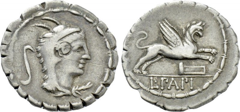 L. PAPIUS. Serrate Denarius (79 BC). Rome. 

Obv: Head of Juno Sospita right, ...