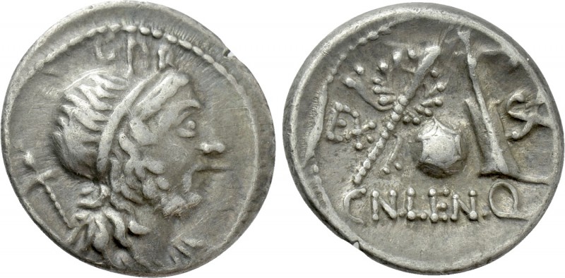 CN. LENTULUS. Denarius (76-75 BC). Uncertain mint in Spain. 

Obv: G P R. 
Di...
